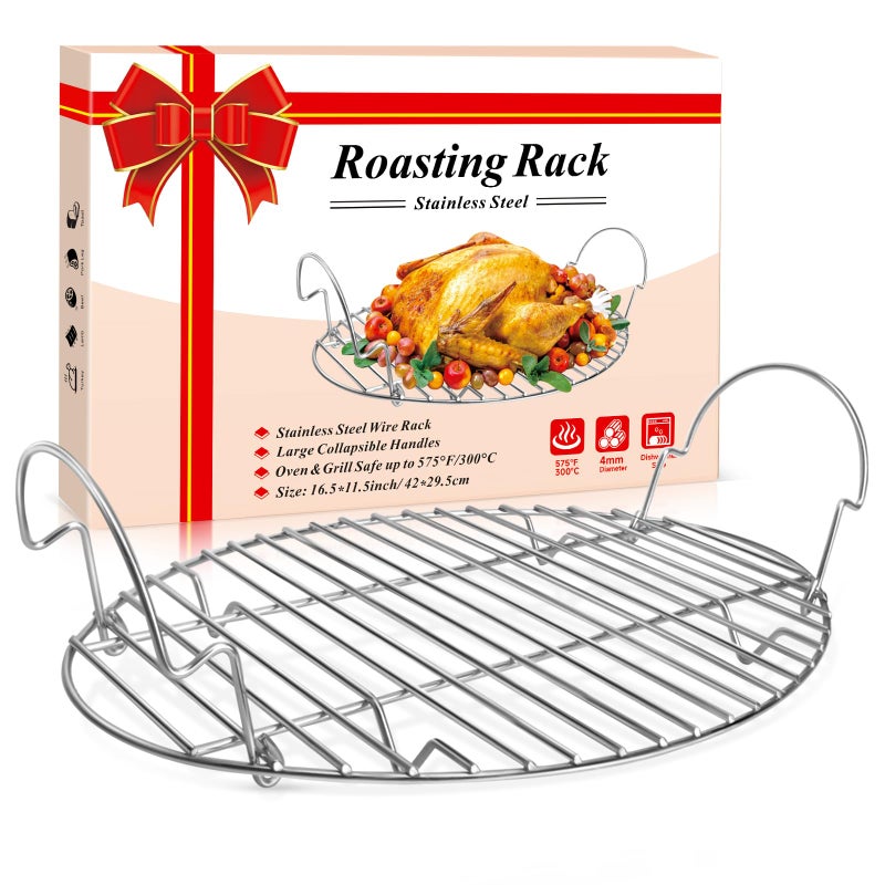 DePango 16.5inch Oval Roasting Rack for Oven, Thanksgiving Christmas Gifts for Mom Men Wife Cooking Home Chefs, Stainless Steel Cooling Rack with Handle, Wire Rack for Cooking, Grilling, Drying - Image 1
