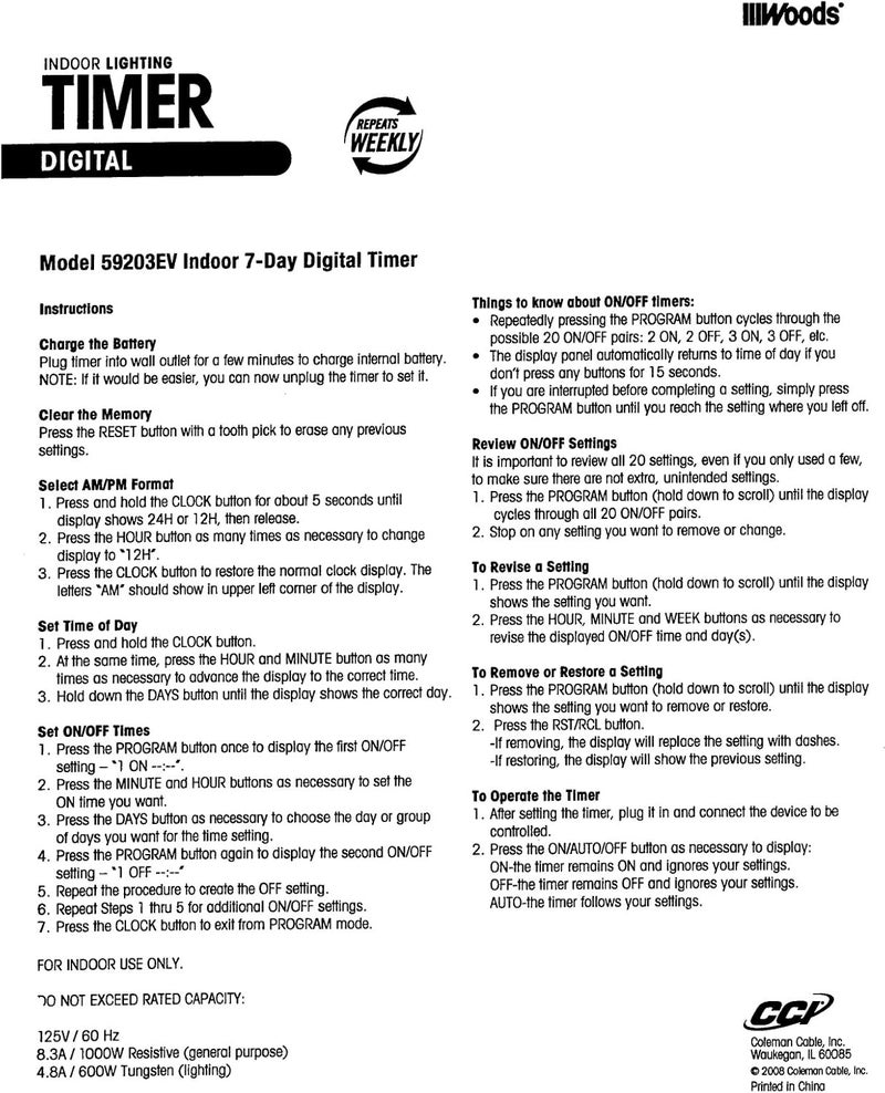 Woods 59203 Digital Lamp and Appliance Timer Repeats Weekly with 2Prong Plug - Image 2