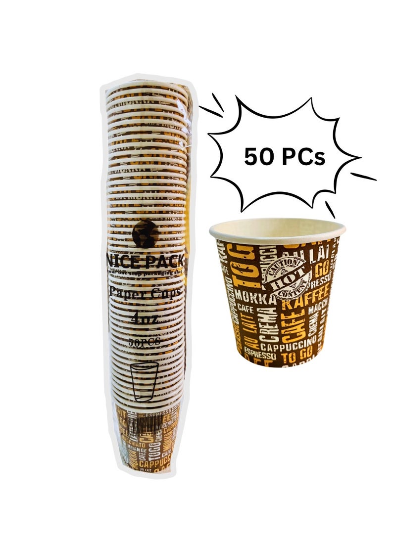 Nice Pack 50 pcs Eco-Friendly Disposable Brown And Yellow Paper Cups - 4 OZ Printed  - Image 1
