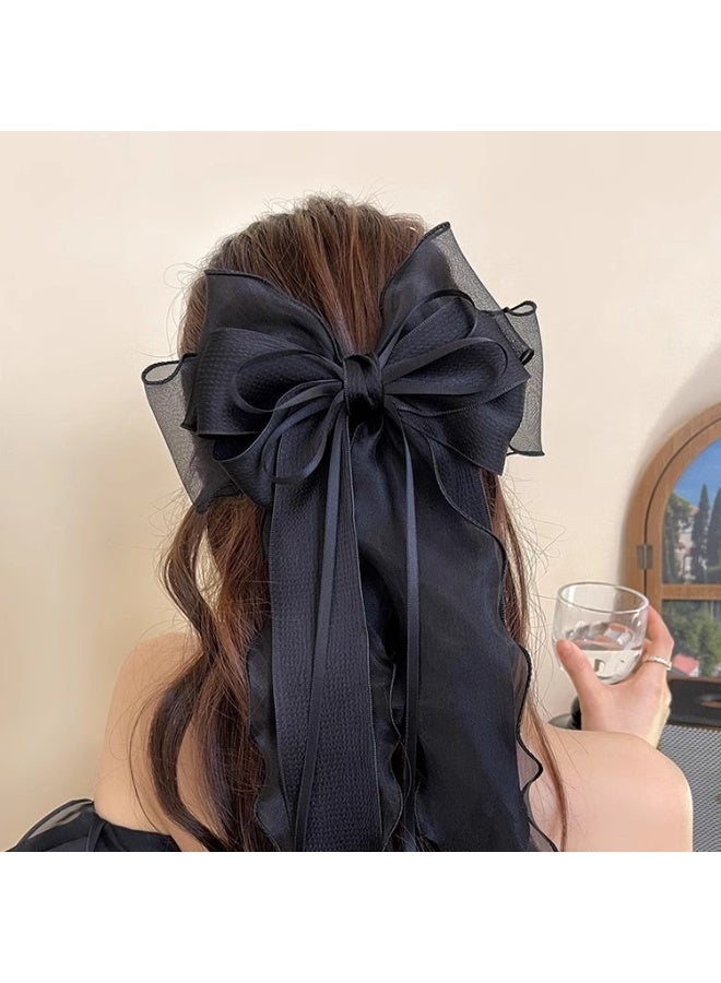 ميأميأ رباط شعر من شبكة الشرائط مع كوزة، سوار رأس من satin ناعم وكبير مع كوزة طويلة ضخمة، إكسسوارات شعر، بروشات كبيرة للفتيات (الأبيض والأسود)  - Image 2