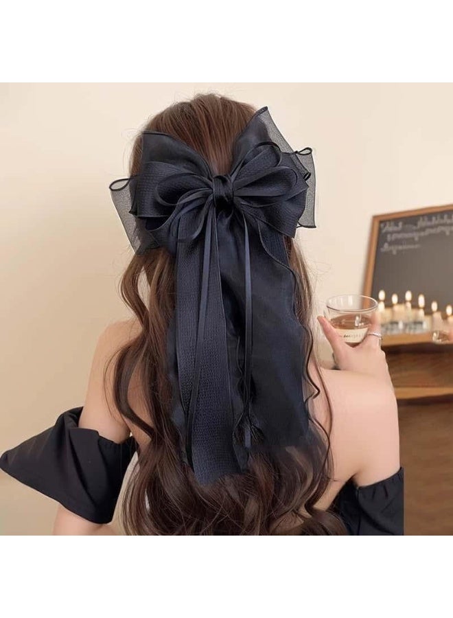 ميأميأ رباط شعر من شبكة الشرائط مع كوزة، سوار رأس من satin ناعم وكبير مع كوزة طويلة ضخمة، إكسسوارات شعر، بروشات كبيرة للفتيات (الأبيض والأسود)  - Image 5