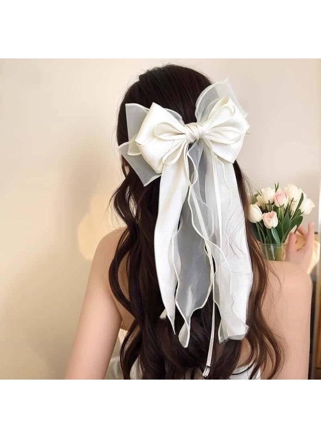 ميأميأ رباط شعر من شبكة الشرائط مع كوزة، سوار رأس من satin ناعم وكبير مع كوزة طويلة ضخمة، إكسسوارات شعر، بروشات كبيرة للفتيات (الأبيض والأسود)  - Image 4