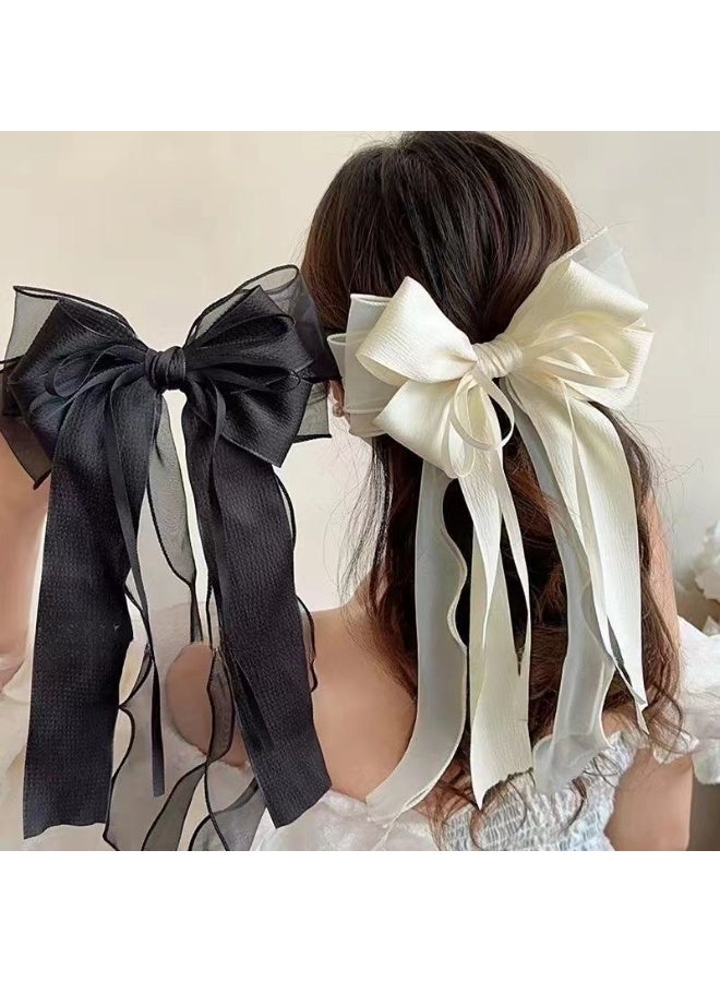 ميأميأ رباط شعر من شبكة الشرائط مع كوزة، سوار رأس من satin ناعم وكبير مع كوزة طويلة ضخمة، إكسسوارات شعر، بروشات كبيرة للفتيات (الأبيض والأسود)  - Image 3