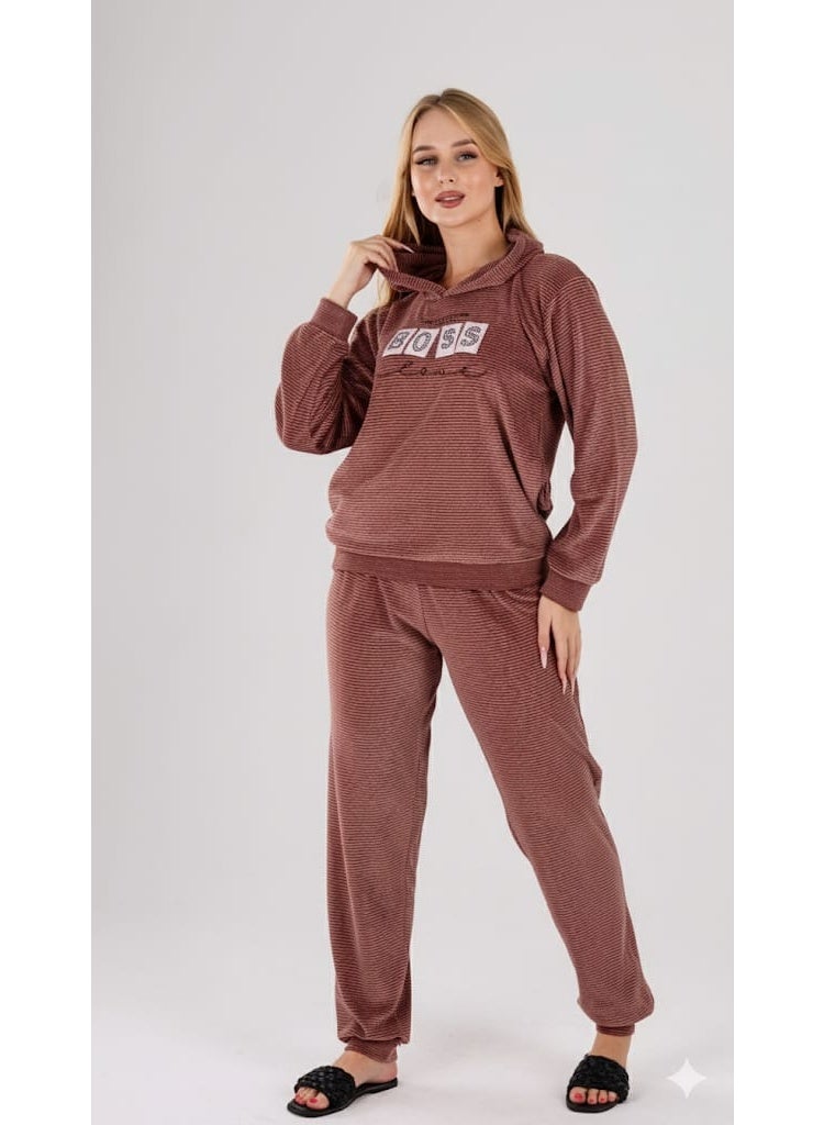 zecotex  Deep Mauve/Reddish Brown Velour Loungewear Set - Warm Hoodie and Trousers - Image 1