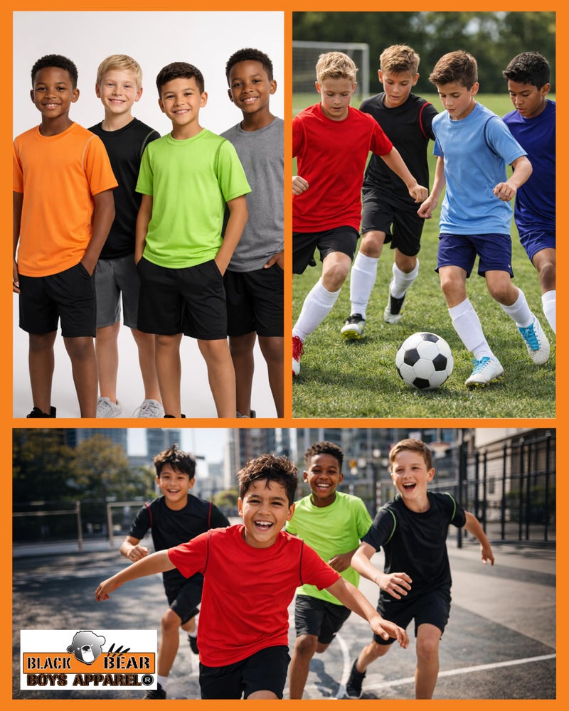 Black Bear Boys Active Shirt - 4 Pack Athletic Performance Dry Fit Youth Shirt for Boys - Short Sleeve Kids Tshirts, Size 12-14, Black/Green/Grey/Orange - Image 2