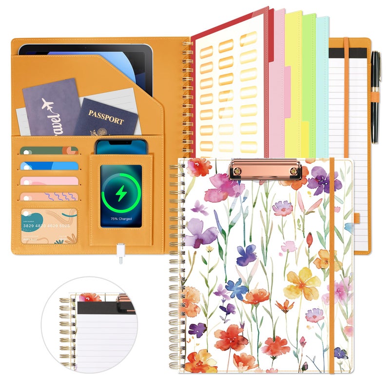 Ospelelf Flowers Leather Spiral Clipboard Folio with Storage for Women, Portfolio 5 Folders with 10 Pockets, Foldable Organizer Binder with Elastic Strap Notepad - Image 1