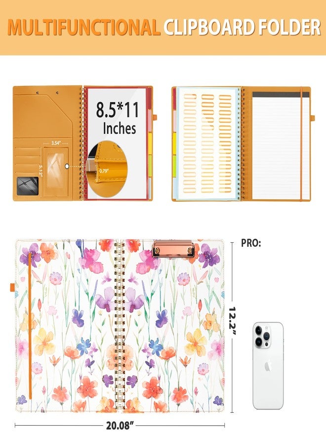 Ospelelf Flowers Leather Spiral Clipboard Folio with Storage for Women, Portfolio 5 Folders with 10 Pockets, Foldable Organizer Binder with Elastic Strap Notepad - Image 2
