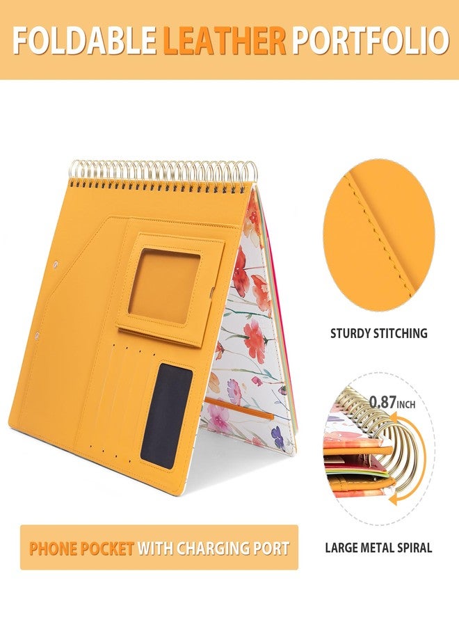 Ospelelf Flowers Leather Spiral Clipboard Folio with Storage for Women, Portfolio 5 Folders with 10 Pockets, Foldable Organizer Binder with Elastic Strap Notepad - Image 5