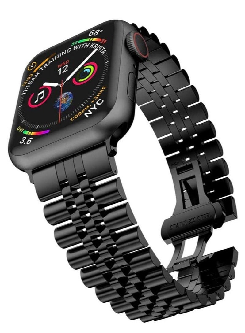 ELTRAZONE سوار بديل متوافق مع Apple Watch Ultra 49 مم 45 مم / 44 مم / 42 مم، سوار معدني صلب من الفولاذ المقاوم للصدأ لسلسلة Apple Watch Series 8 7 6 5 4 3 2 SE (أسود) - Image 1