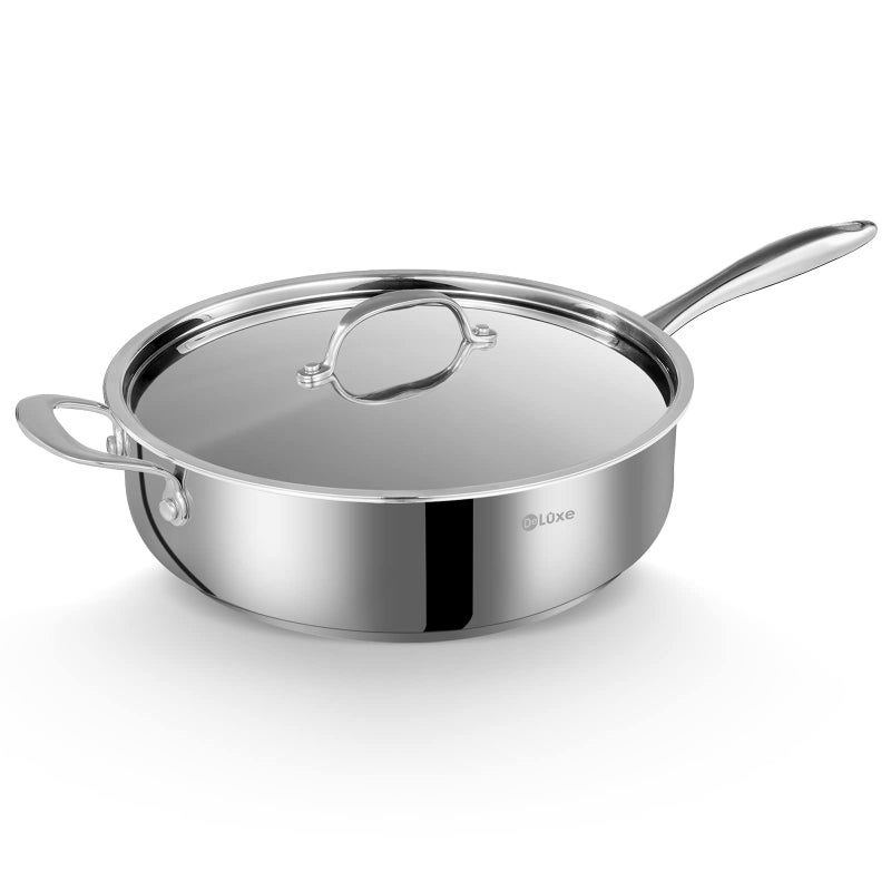 Deluxe DELUXE 12 Inch Stainless Steel Skillet Frying Pan Large Pan with Lid and StayCool Handle 5qt Deep Saut Pans for DeepFry Braise Stew Multipurpose Cooking Pot for Induction Gas Stove 