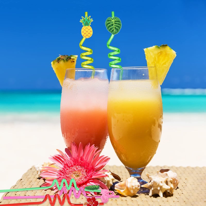Zopeal 24 Pcs Hawaiian Reusable Plastic Straws with 2 Cleaning Brush Luau Theme Straws Flamingo Drinking Straws Aloha Party Favors for Kids Birthday Beach Pool Party Supplies - Image 4