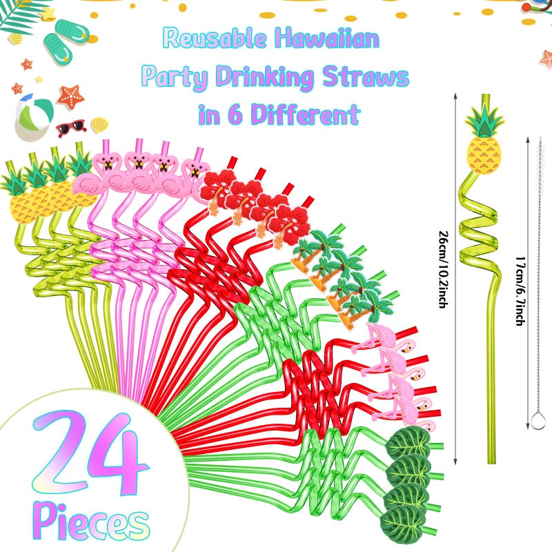 Zopeal 24 Pcs Hawaiian Reusable Plastic Straws with 2 Cleaning Brush Luau Theme Straws Flamingo Drinking Straws Aloha Party Favors for Kids Birthday Beach Pool Party Supplies - Image 2