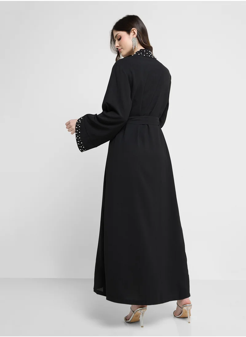 Khizana Open Abaya With Embroidered Hems