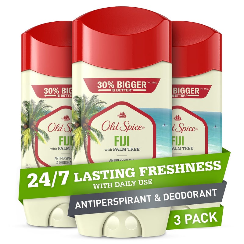 Old Spice Mens Antiperspirant Deodorant 247 Lasting Freshness Advanced Sweat Odor Protection with Skin Conditioners Invisible Solid Fiji with Palm Tree Scent 34 oz Pack of 3