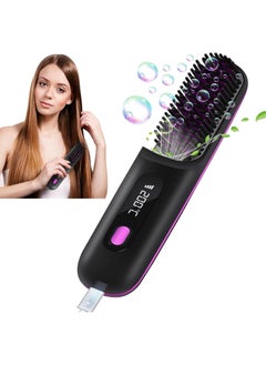 Hihonor Cordless Hair Straightener Brush, USB Rechargeable 4000mAh Straightening Brush for Travel Mini Curling Iron for Short Hair Negative Ion Anti-Scald Hot Comb Flat Iron 3 Temp-Settings, Black  - Image 1