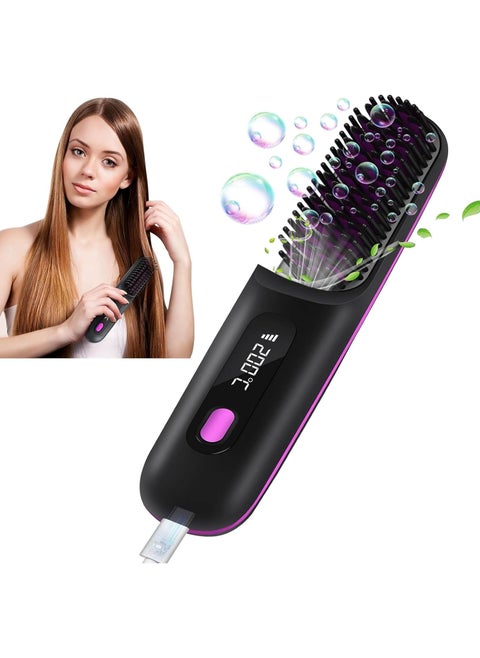 Cordless Hair Straightener Brush, USB Rechargeable 4000mAh Straightening Brush for Travel Mini Curling Iron for Short Hair Negative Ion Anti-Scald Hot Comb Flat Iron 3 Temp-Settings, Black