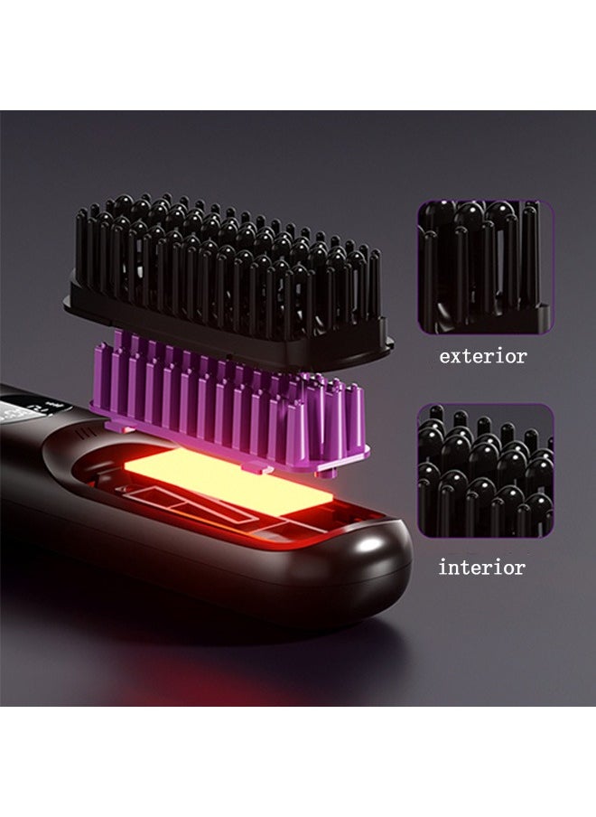 Cordless Hair Straightener Brush, USB Rechargeable 4000mAh Straightening Brush for Travel Mini Curling Iron for Short Hair Negative Ion Anti-Scald Hot Comb Flat Iron 3 Temp-Settings, Black