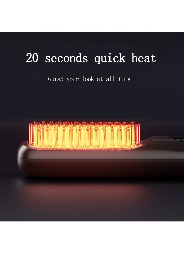 Cordless Hair Straightener Brush, USB Rechargeable 4000mAh Straightening Brush for Travel Mini Curling Iron for Short Hair Negative Ion Anti-Scald Hot Comb Flat Iron 3 Temp-Settings, Black