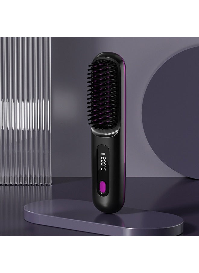 Cordless Hair Straightener Brush, USB Rechargeable 4000mAh Straightening Brush for Travel Mini Curling Iron for Short Hair Negative Ion Anti-Scald Hot Comb Flat Iron 3 Temp-Settings, Black