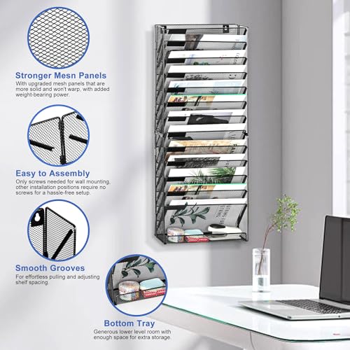 EasyPAG Wall File Holder 14 Tier Mesh Hanging Folder Organizer with Flat Tray Wall Mounted Mail Organizer Magazine Paper Desk Shelf with Nametag Label for Office Home School Black - Image 3
