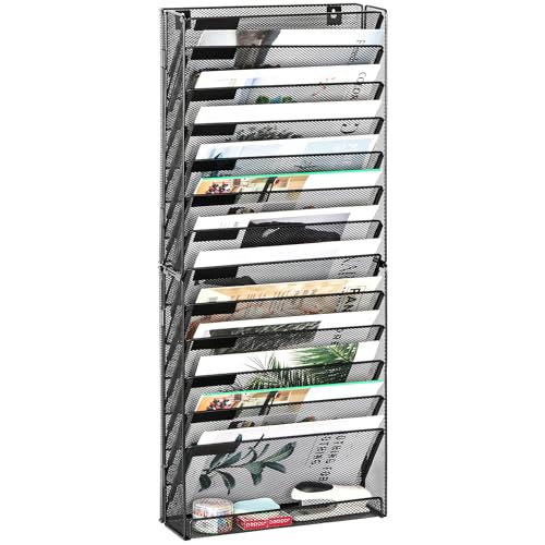 EasyPAG Wall File Holder 14 Tier Mesh Hanging Folder Organizer with Flat Tray Wall Mounted Mail Organizer Magazine Paper Desk Shelf with Nametag Label for Office Home School Black - Image 1