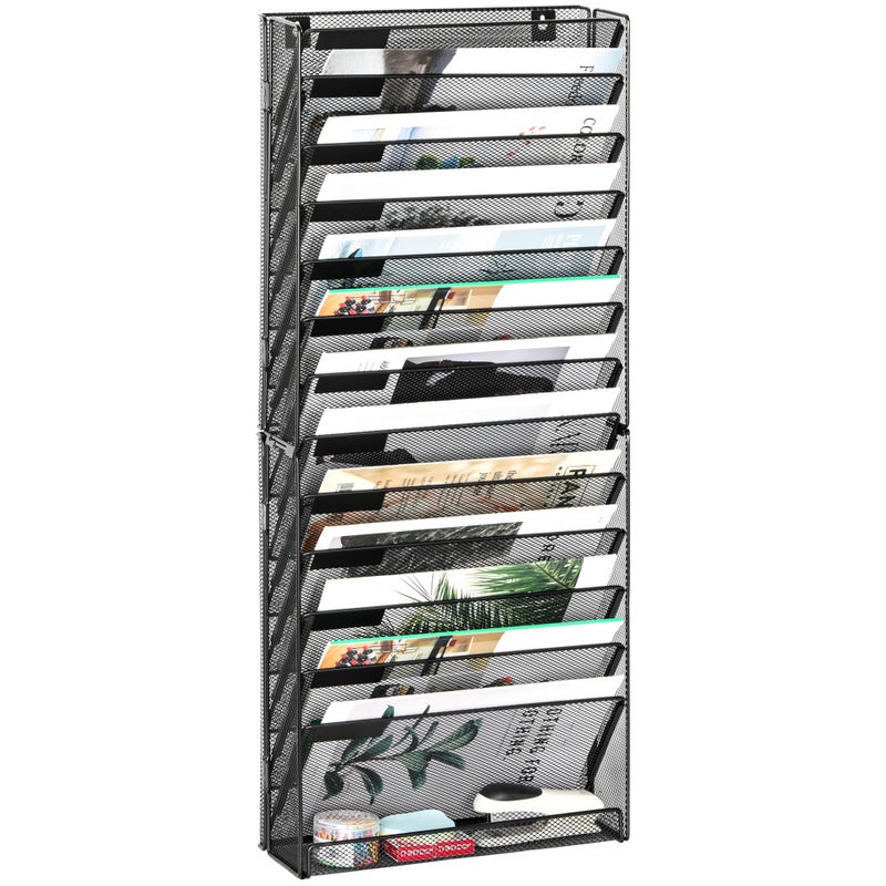 EasyPAG Wall File Holder 14 Tier Mesh Hanging Folder Organizer with Flat Tray Wall Mounted Mail Organizer Magazine Paper Desk Shelf with Nametag Label for Office Home School Black - Image 2