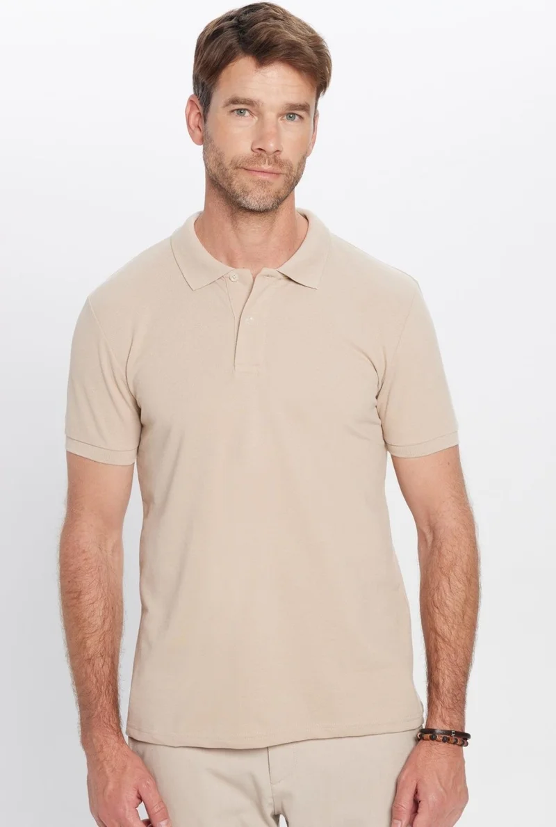 تودورس Men's Slim Fit Slim Cut Cotton Soft Texture Cool Fabric Plain Pique Stone Color Polo Neck T-Shirt