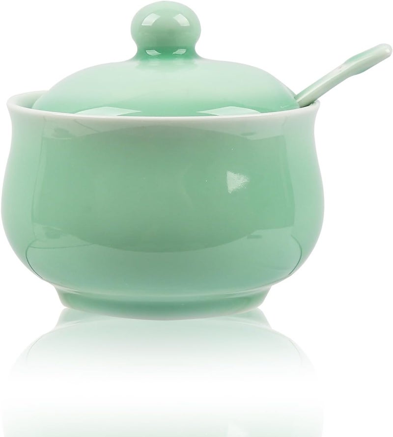 Tingyework Porcelain Salt Cellar with Lid and Spoon, 4.4 oz Salt Container Sugar Bowl for Spice & Seasonings, Elegant Kitchen Counter Decor, Chinese Celadon (Light Green) - Image 1