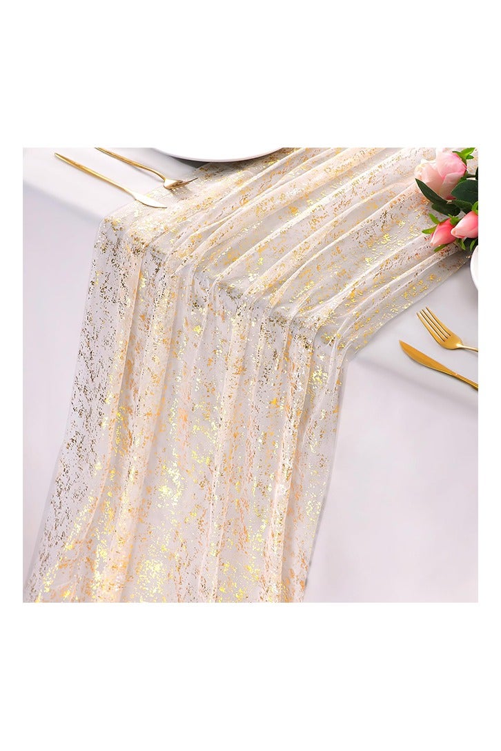 مفرش طاولة ذهبي بطول 10 أقدام، قماش شاش شفاف من التول والشيفون، وترتر ذهبي لامع، ورق معدني، قطعة مركزية لزينة طاولة الحفلات الذهبية لحفلات الزفاف وأعياد الميلاد والكريسماس وحفلات استقبال المولود الجديد - Image 1