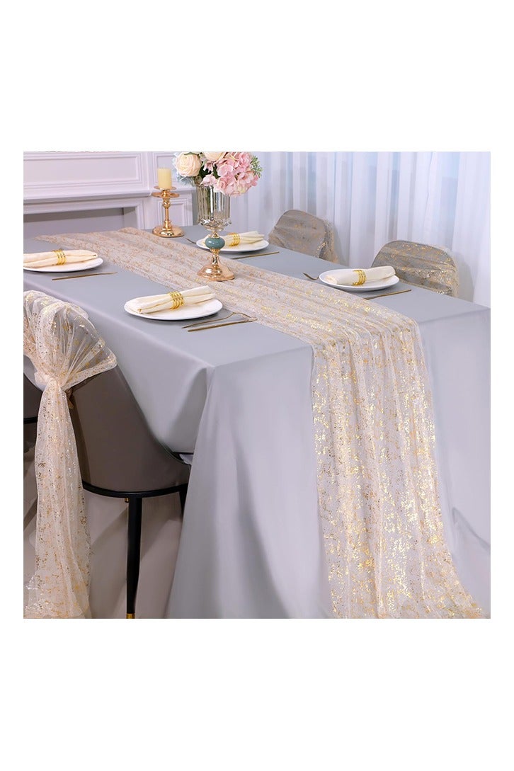 مفرش طاولة ذهبي بطول 10 أقدام، قماش شاش شفاف من التول والشيفون، وترتر ذهبي لامع، ورق معدني، قطعة مركزية لزينة طاولة الحفلات الذهبية لحفلات الزفاف وأعياد الميلاد والكريسماس وحفلات استقبال المولود الجديد - Image 2