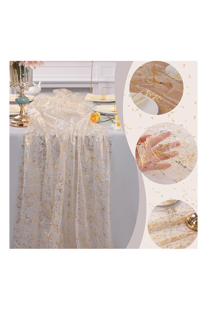 مفرش طاولة ذهبي بطول 10 أقدام، قماش شاش شفاف من التول والشيفون، وترتر ذهبي لامع، ورق معدني، قطعة مركزية لزينة طاولة الحفلات الذهبية لحفلات الزفاف وأعياد الميلاد والكريسماس وحفلات استقبال المولود الجديد - Image 3