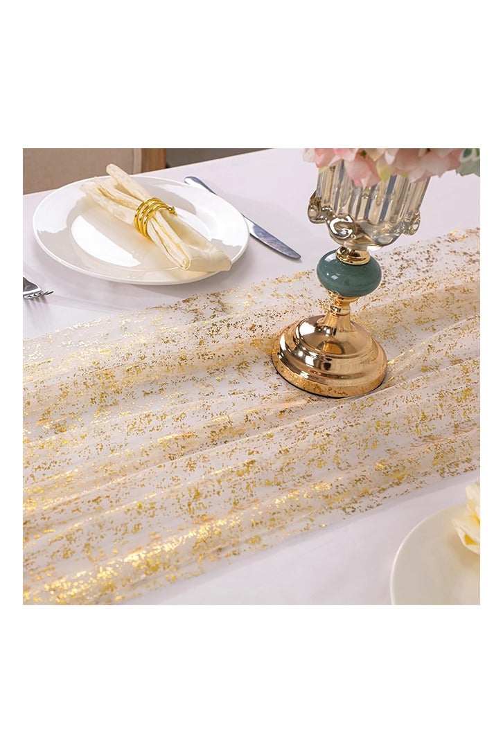 مفرش طاولة ذهبي بطول 10 أقدام، قماش شاش شفاف من التول والشيفون، وترتر ذهبي لامع، ورق معدني، قطعة مركزية لزينة طاولة الحفلات الذهبية لحفلات الزفاف وأعياد الميلاد والكريسماس وحفلات استقبال المولود الجديد - Image 5