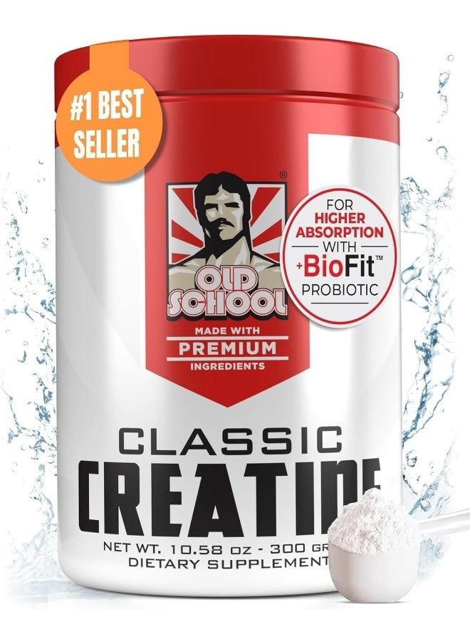Old School Labs Classic CREATINE - Worldâ€™s First Probiotic Infused Creatine Monohydrate for Muscle Size, Strength, Immune Boost, Brain Health, And Gut Optimization, Unflavored, 300g Powder And Scoop  - Image 1