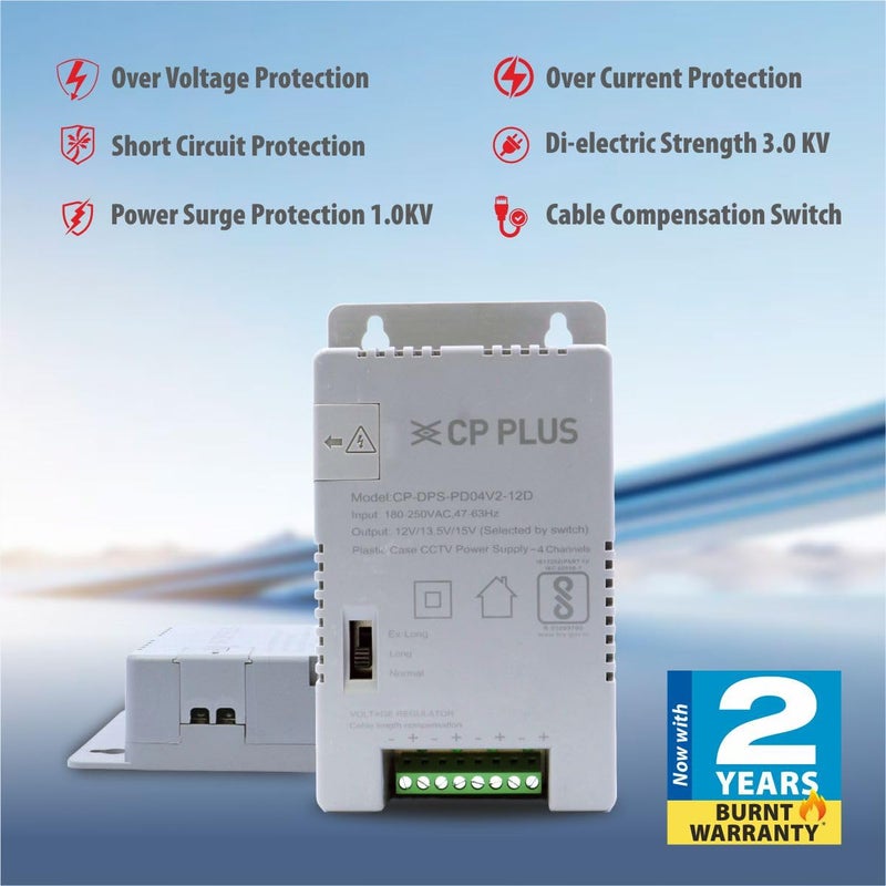CP PLUS مزود طاقة CCTV 4 قنوات SMPS | محول عالي الكفاءة 12V 3A مع مؤشرات LED | فلتر EMI | حماية من الحمل الزائد والدوائر القصيرة | للاستخدام مع كاميرات المراقبة | CP-DPS-PD04V2-12D - Image 4