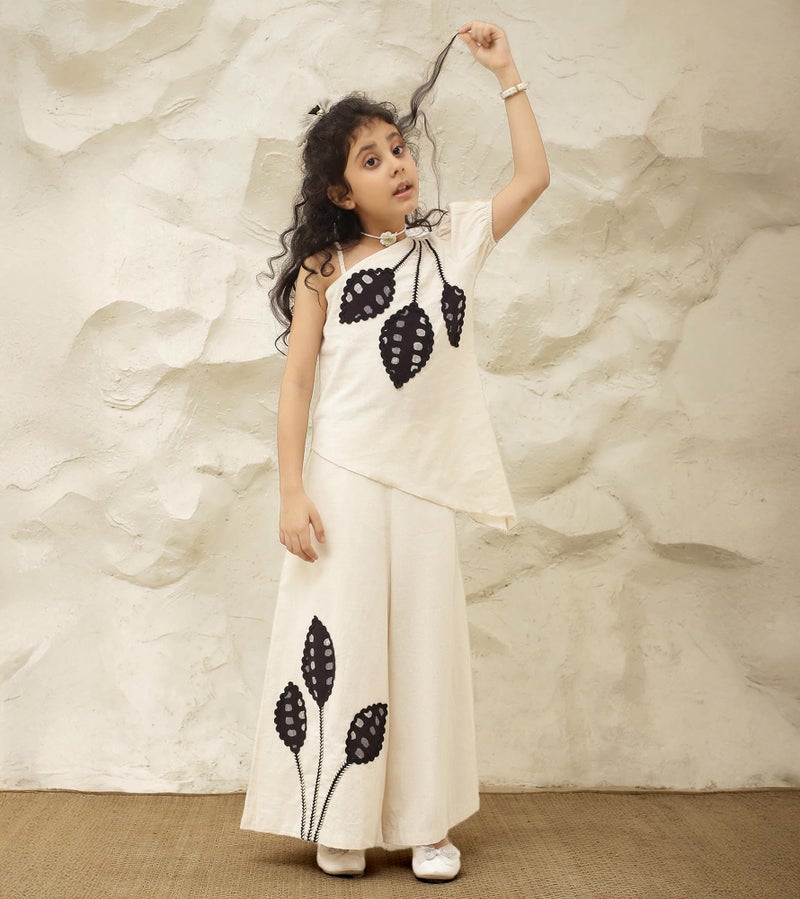 Bugandbees Solid Pure Cotton Patch Work Co-Ord Set|One- Shoulder Neck Elastic Sleeve Outfit| Casual Wear Western Collection Cords|Clothing Set For 3 to 13 Years Kids(BBCO00000225_12-13Y_Off- White) - Image 2