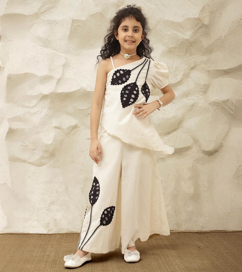 Bugandbees Solid Pure Cotton Patch Work Co-Ord Set|One- Shoulder Neck Elastic Sleeve Outfit| Casual Wear Western Collection Cords|Clothing Set For 3 to 13 Years Kids(BBCO00000225_12-13Y_Off- White) - Image 4
