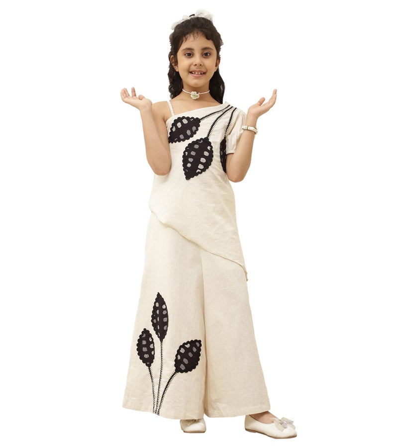 Bugandbees Solid Pure Cotton Patch Work Co-Ord Set|One- Shoulder Neck Elastic Sleeve Outfit| Casual Wear Western Collection Cords|Clothing Set For 3 to 13 Years Kids(BBCO00000225_12-13Y_Off- White) - Image 1