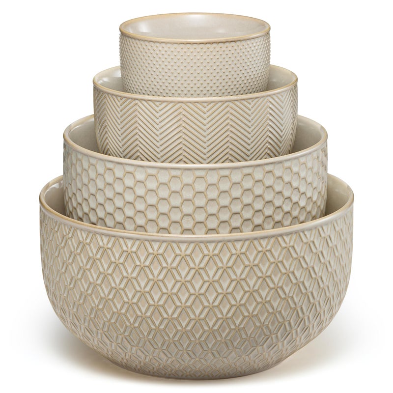 KooK Ceramic Mixing Bowls, Nesting Set of 4, Embossed Kitchen Dishware, Prep, Serving, Gift, Microwave and Dishwasher Safe, 20/44/98/145 oz, Narbonne Collection (Almond) - Image 1