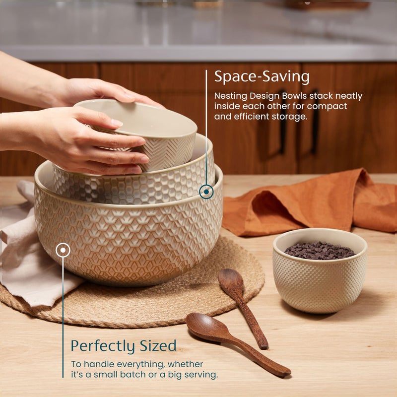 KooK Ceramic Mixing Bowls, Nesting Set of 4, Embossed Kitchen Dishware, Prep, Serving, Gift, Microwave and Dishwasher Safe, 20/44/98/145 oz, Narbonne Collection (Almond) - Image 3