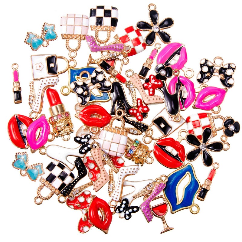 Jetec 50 Pieces Mixed Enamel Charms For Jewelry Making - Gold Plated High Heel, Lipstick, Bow, Wallet, Flower Pendants