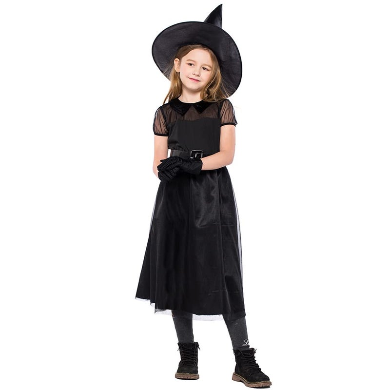 AGQT Witch Costumes Black for Toddler Girls Fancy Party Dress Up 4Pcs Halloween Carnival Dionysia Mardi Gras Dress Size 46 Years