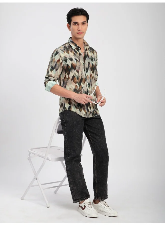 Beyoung Light Beige Leaf Abstract Printed Shirt