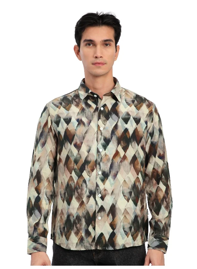 Beyoung Light Beige Leaf Abstract Printed Shirt