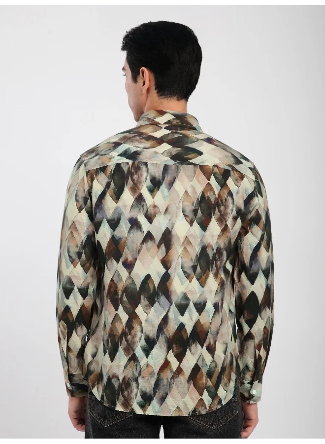 Beyoung Light Beige Leaf Abstract Printed Shirt