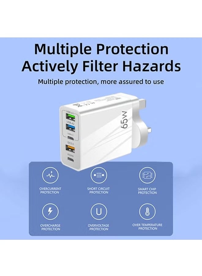 65W 5-Port Fast Charger, 6.6A 2 USB C + 3 USB A Ports Plug, Wall Charging Plug, G Adapter Compatible with charging for Apple Android, Support PD20W and QC3.0 charging protocols - Image 4