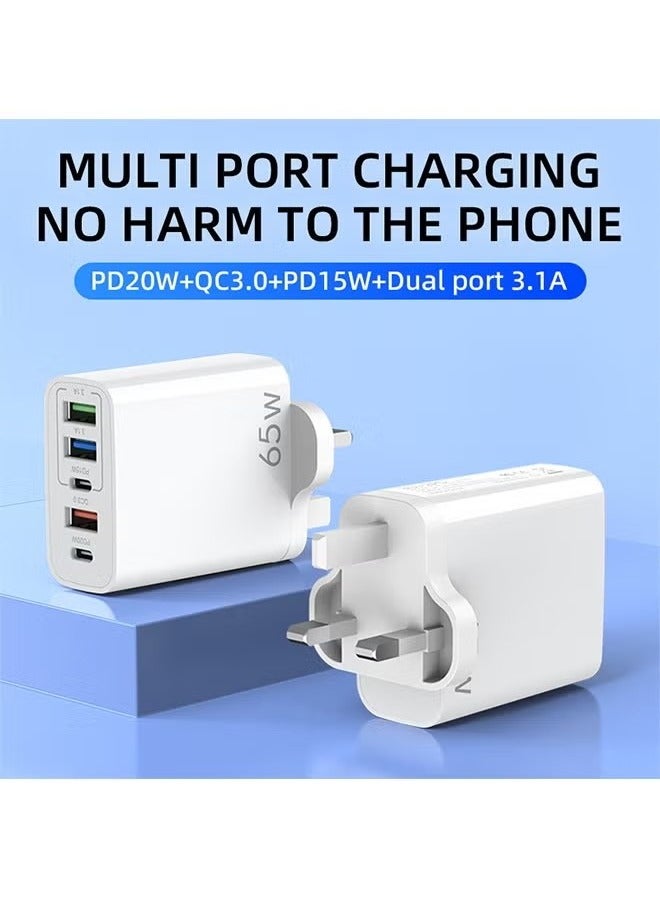65W 5-Port Fast Charger, 6.6A 2 USB C + 3 USB A Ports Plug, Wall Charging Plug, G Adapter Compatible with charging for Apple Android, Support PD20W and QC3.0 charging protocols - Image 2