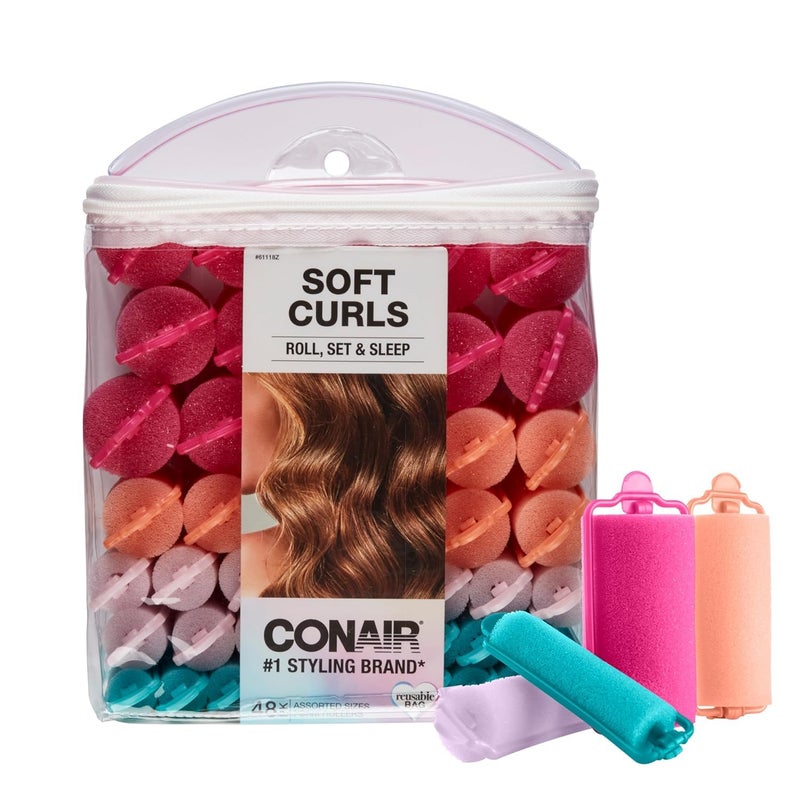 Conair Foam Hair Rollers - 48 Count, Assorted Colors - Heatless Curls, Overnight Curls, Foam Rollers with Storage Case - Image 1
