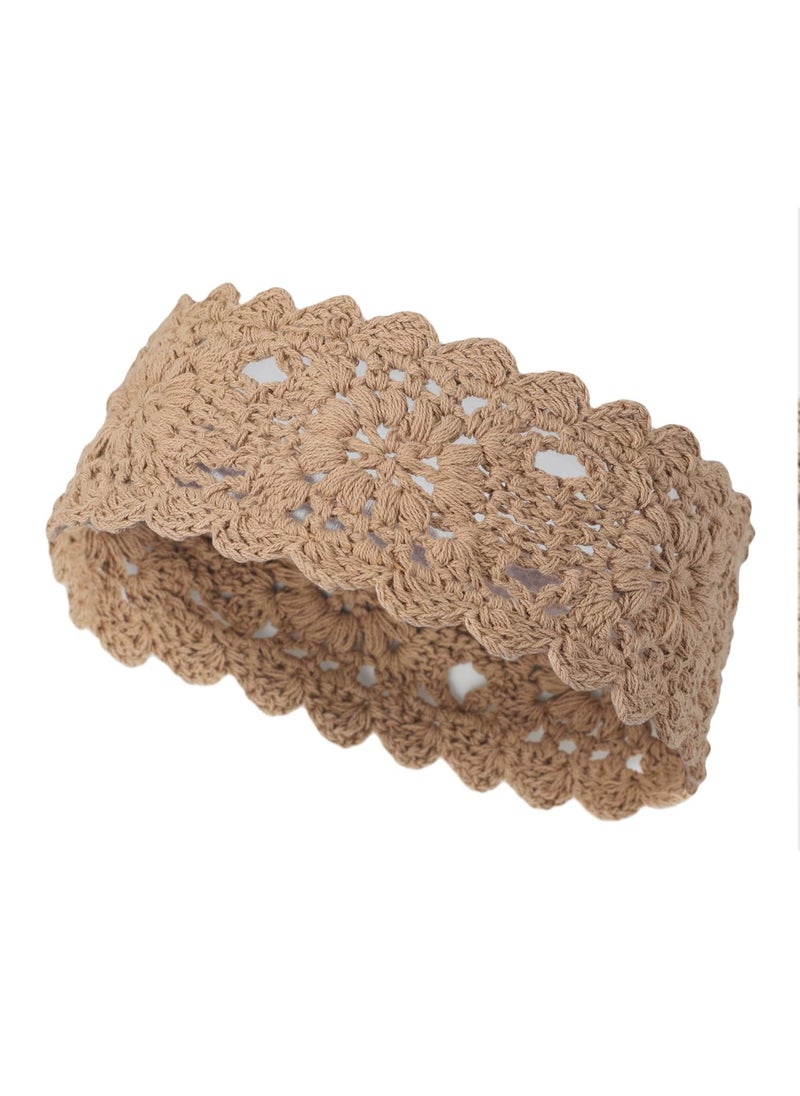 ZLYC ZLYC Women Headband Handmade Crochet Knit Boho Flower Hair Bands Crochet Khaki 