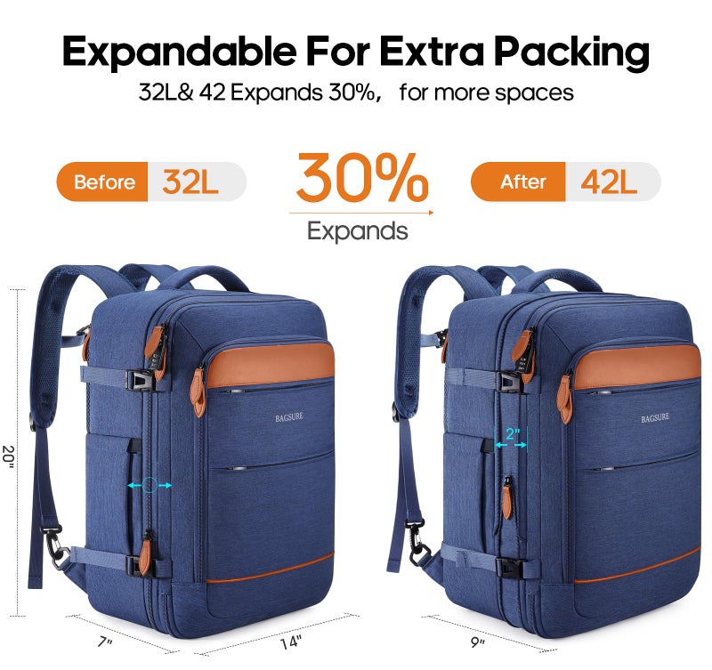 Bagsure Travel Backpack Carry On Backpack 42L Flight Approved, Expandable Laptop Backpack with Packing Cubes & Shoe Pocket, Water Resistant Luggage Backpack for Men Women, Large Backpack 20 * 14 * 7" - Image 2