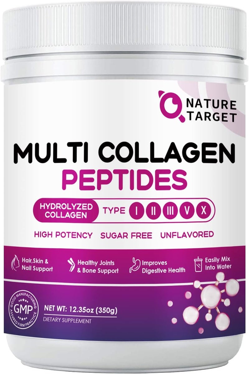 NATURE TARGET Multi Collagen Peptides Powder  Type I II III V X  Hydrolyzed Collagen Peptides with Vitamin C Hyaluronic Acid Supports Skin Hair Nail  Joint GrassFed NonGMO 35 Servings - Image 1